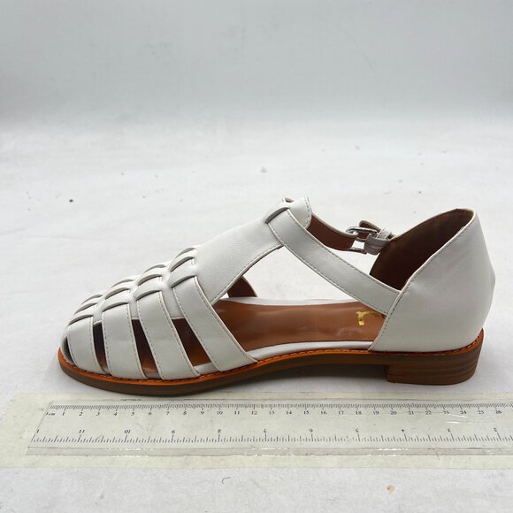 FSJ White Closed Toe Low Block Heel Woven Roman Ankle Strap Hollow Caged Sandals - Picture 2 of 8